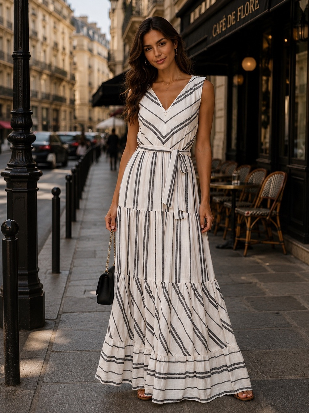 DKNY Striped Linen Blend Maxi Dress | Belted | Hidden Back Zipper | NWT